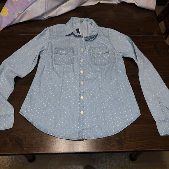 New Per Se Blue Chambray Dot Button Down Long Sleeved Shirt Size Women's Small - Picture 1 of 2